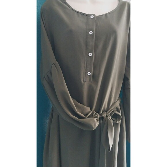 NWT Bloomchic 14-16 Solid Button Pocket Lantern Sleeve Tie Up Dress GREEN Dress - Picture 4 of 9